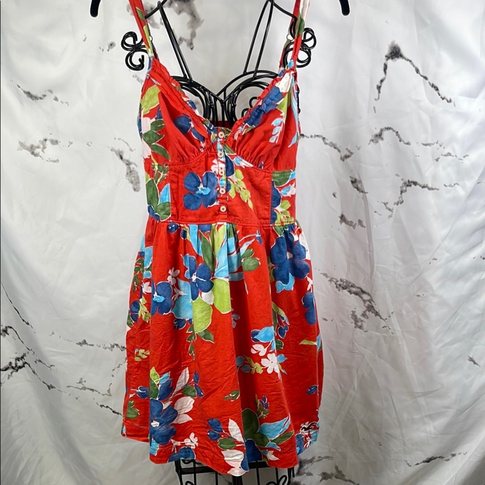 Hollister Floral Print Mini Sundress Cotton Smocked Back Decorative Buttons